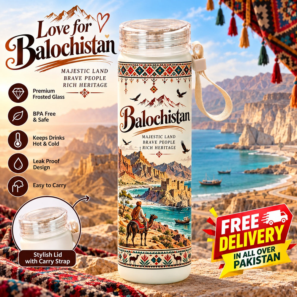Love for Balochistan Frosted Glass Water Bottle - Majestic Land Edition 500ml