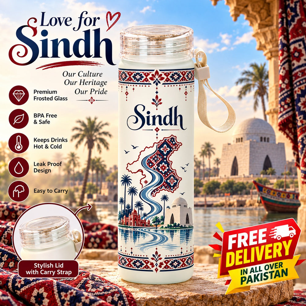 Love for Sindh Frosted Glass Water Bottle - Culture Heritage Edition 500ml