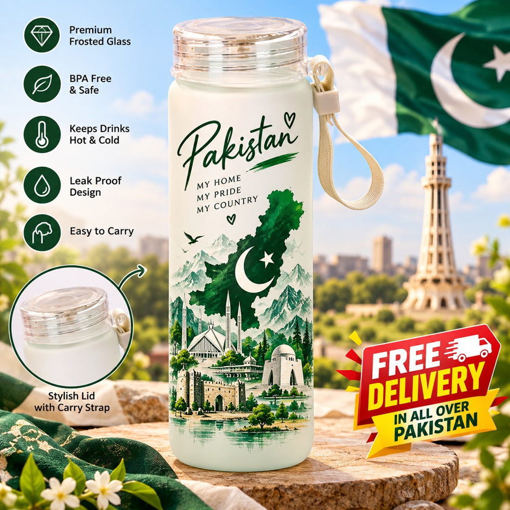 Pakistan Frosted Glass Water Bottle - Premium 500ml Reusable Bottle with Heritage Design & Leak-Proof Lid