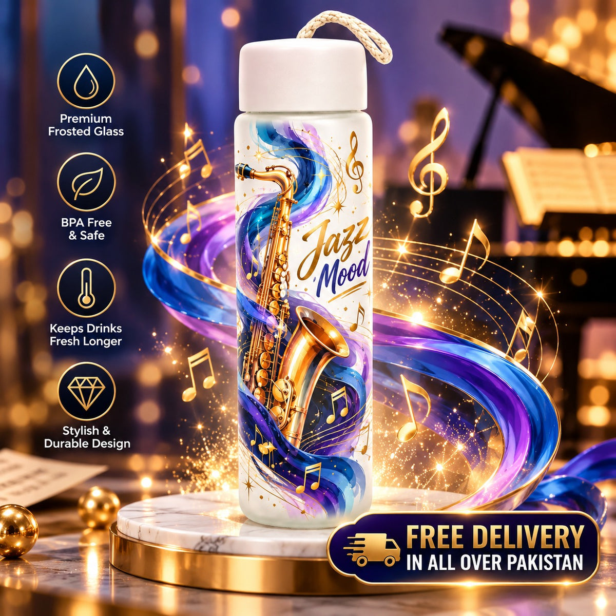 Customized Jazz Mood Frosted Glass Water Bottle
