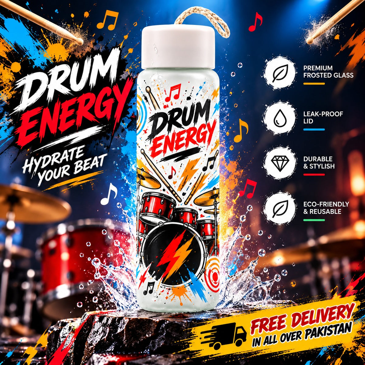 Customized Drum Energy Frosted Glass Water Bottle