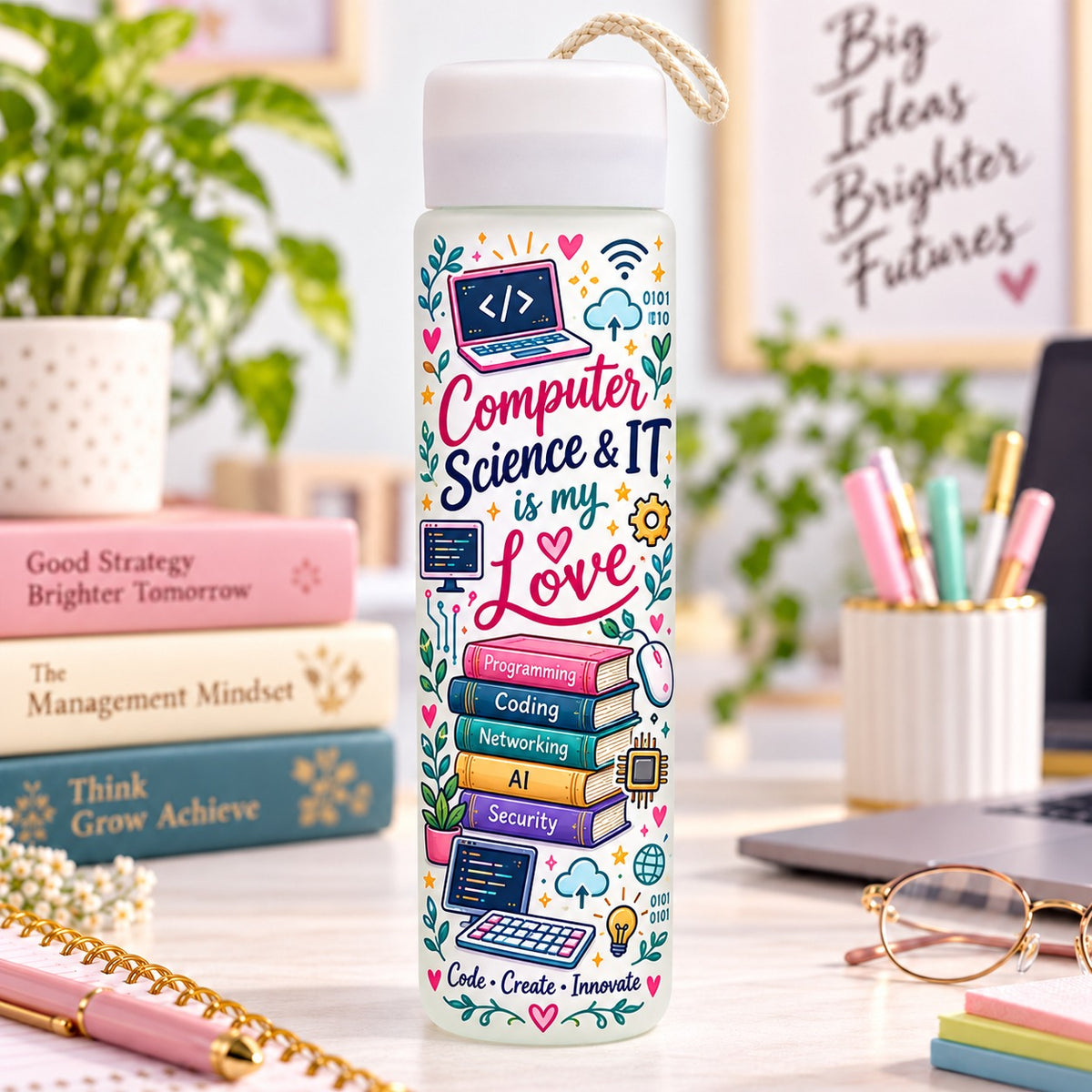 Customized Computer Science & IT Frosted Glass Water Bottle