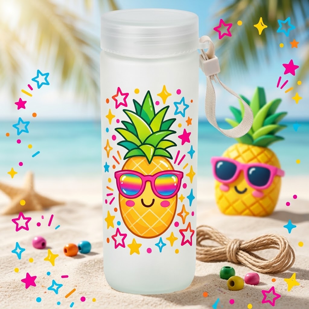 Cool Pineapple Printed Frosted Glass Water Bottle with Carrying Strap - 500ml