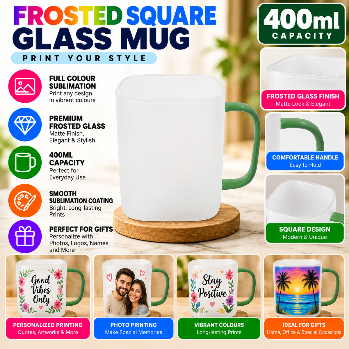 Frosted Square Mug handle green