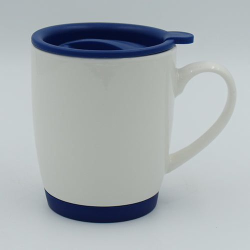 White Bone China Mug with Dark Blue Lid and Base