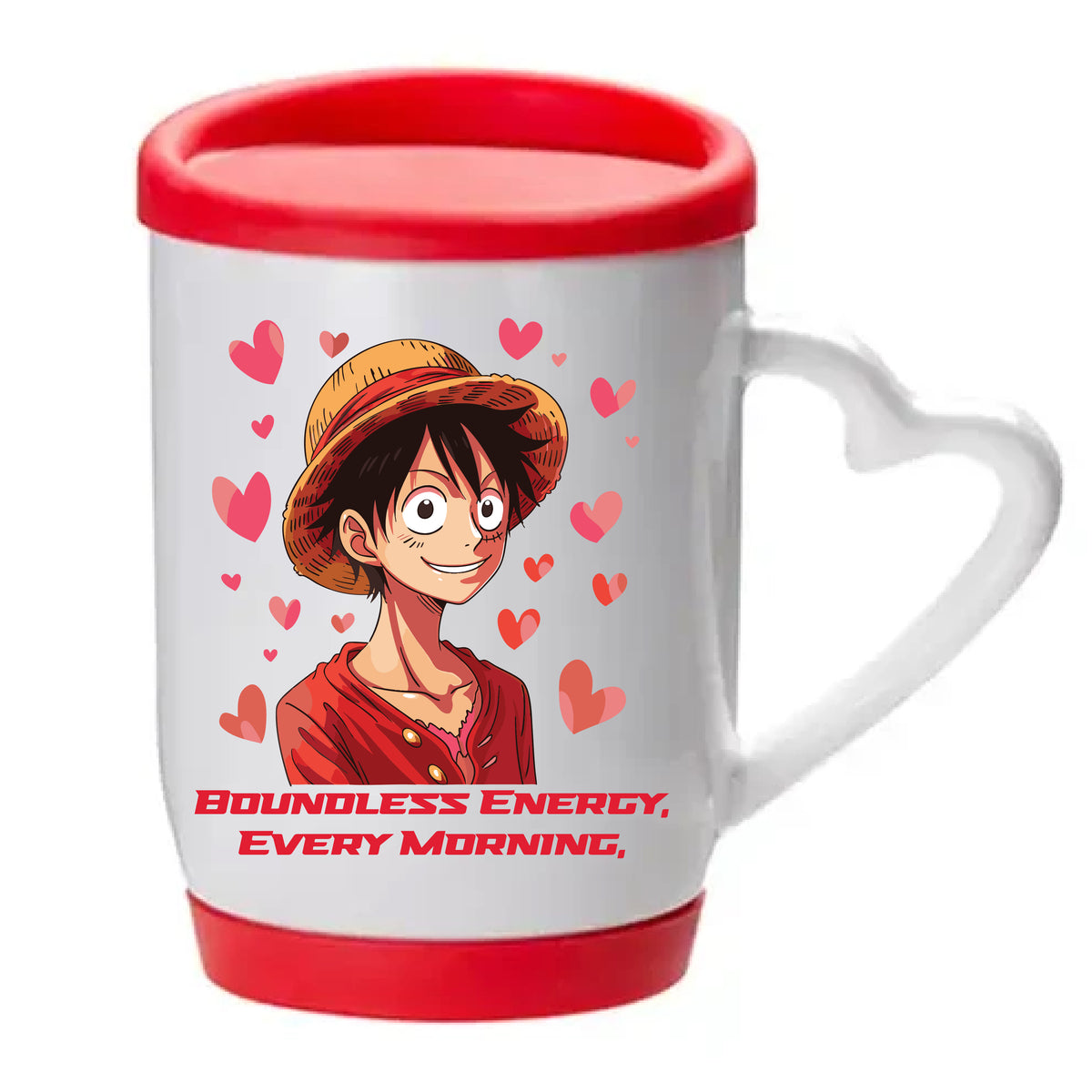 Albizco Luffy "Boundless Energy, Every Morning" Printed Ceramic Mug with Heart Handle and Red Lid (330 ml / 11 oz) – Anime Coffee Cup for One Piece Fans & Gifts