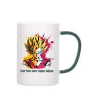 Albizco Super Saiyan Goku Printed Frosted Glass Mug with Green Handle (330 ml / 11 oz) – Anime Coffee Cup for Dragon Ball Z Fans, Gamers & Office Desk