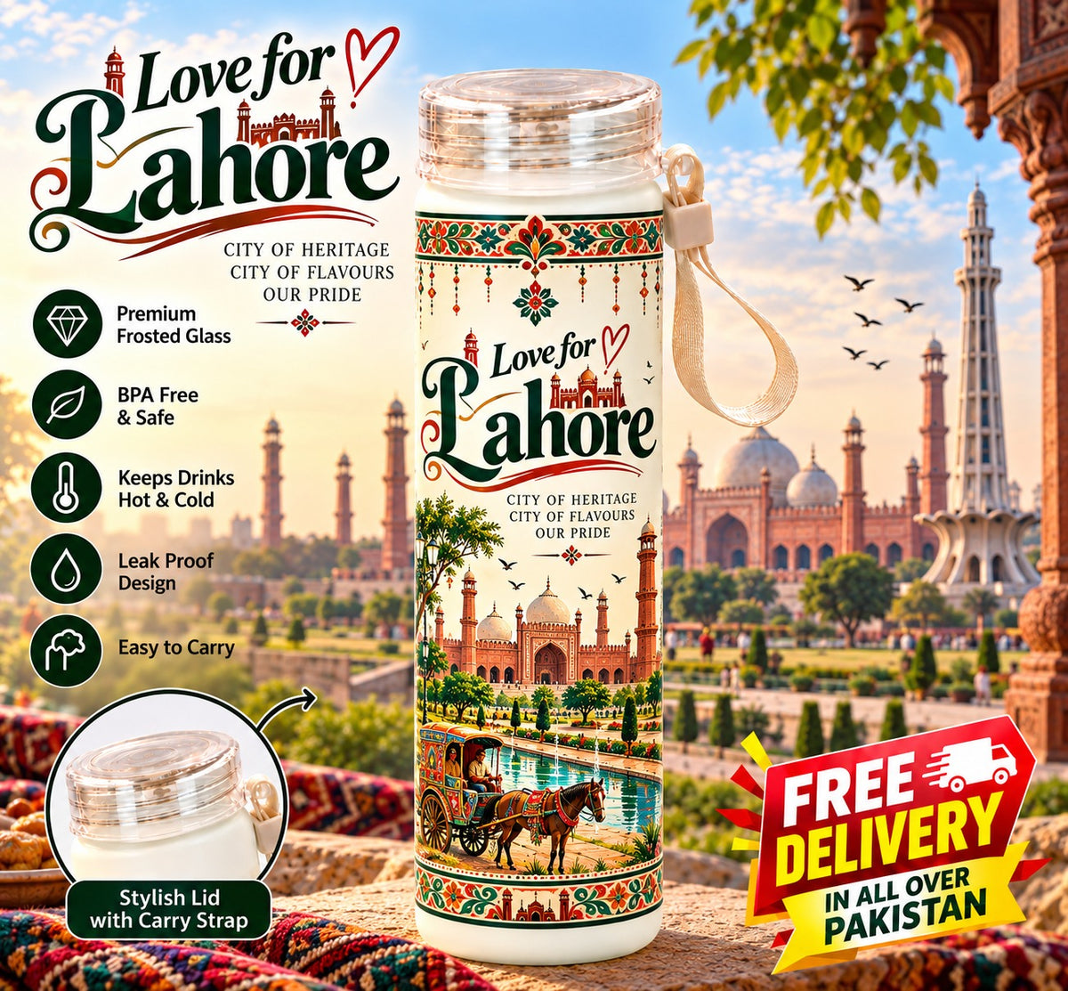 Love for Lahore Frosted Glass Water Bottle - City of Heritage Edition 500ml