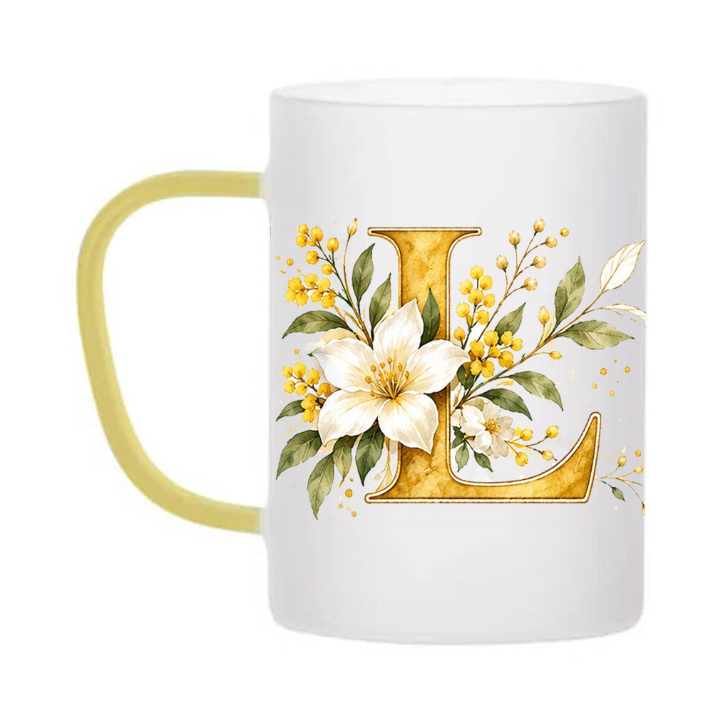 Custom Letter L Floral Initial Frosted Glass Mug with Gift Box