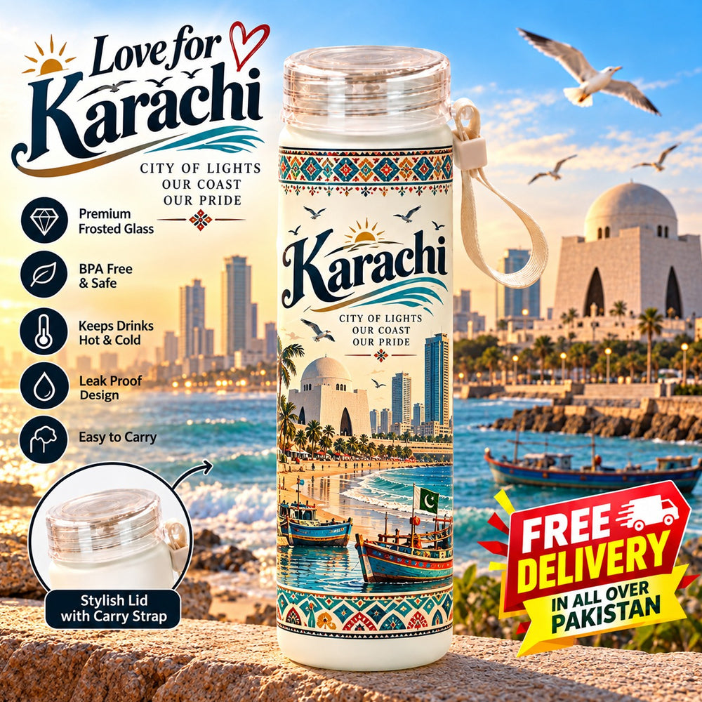 Love for Karachi Frosted Glass Water Bottle - City of Lights Edition 500ml