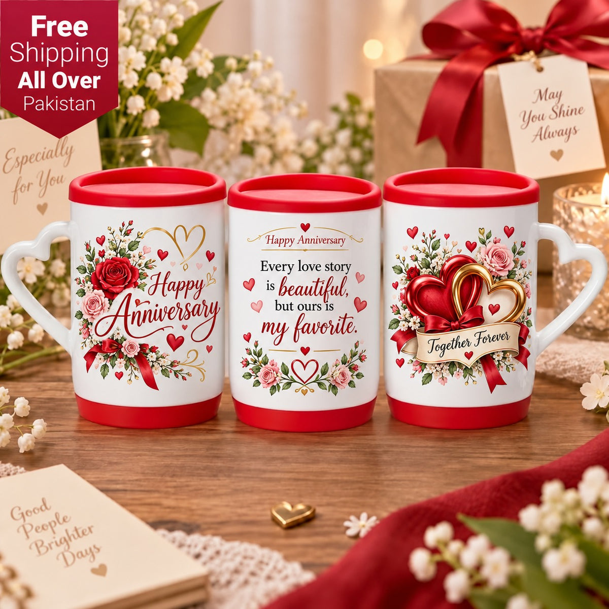 Custom Happy Anniversary Heart Handle Mug – Red Rim Ceramic Couple Gift
