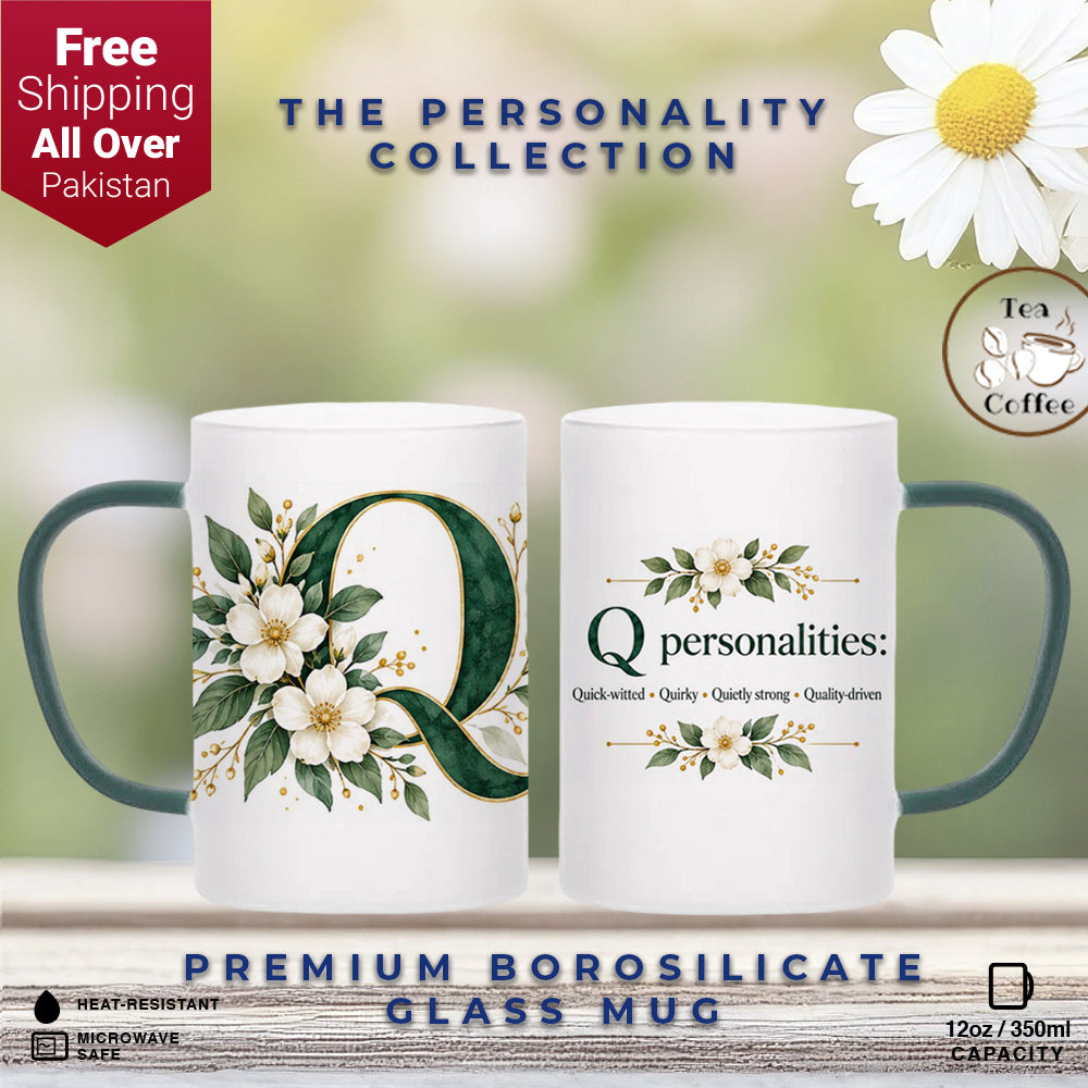Custom Letter Q Floral Initial Frosted Glass Mug with Gift Box