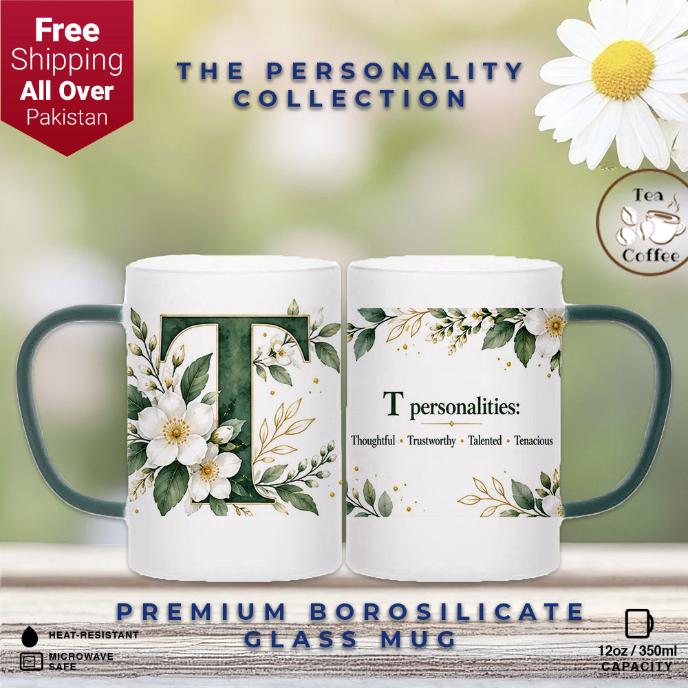 Custom Letter T Floral Initial Frosted Glass Mug with Gift Box
