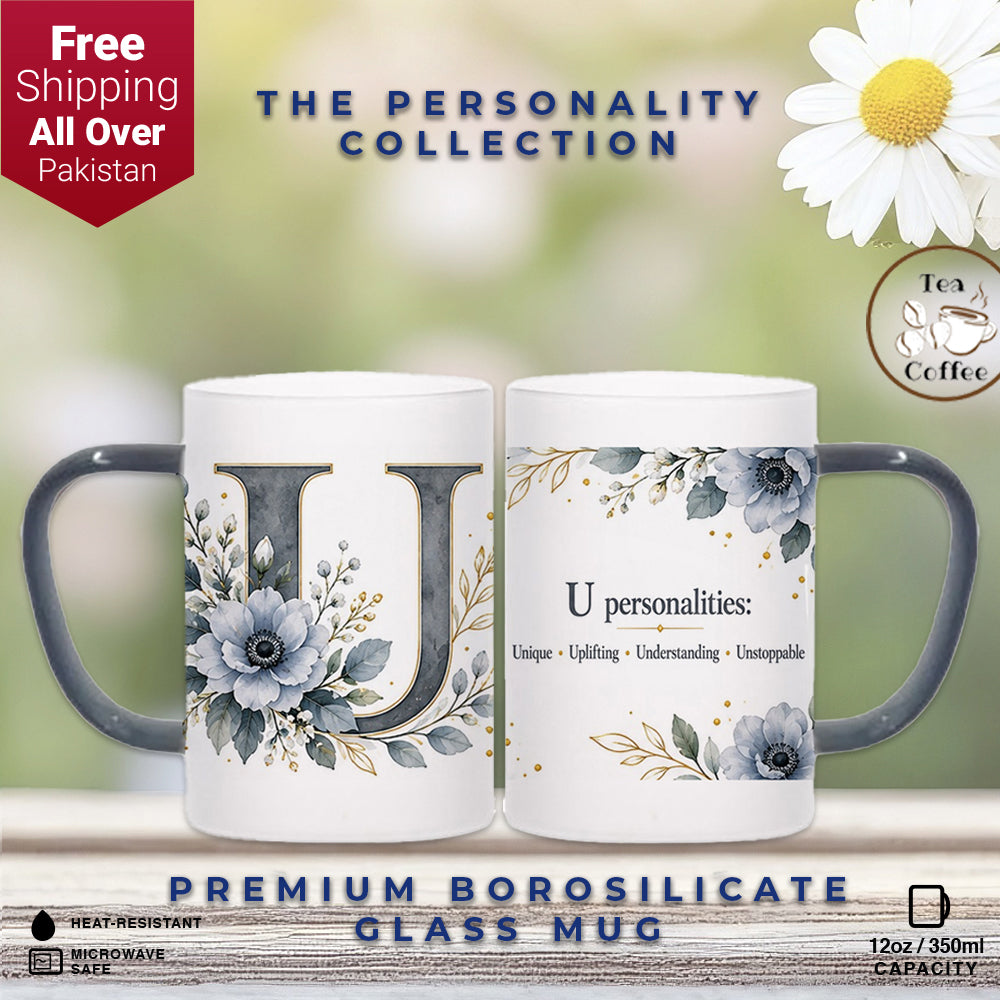 Custom Letter U Floral Initial Frosted Glass Mug with Gift Box