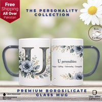 Custom Letter U Floral Initial Frosted Glass Mug with Gift Box
