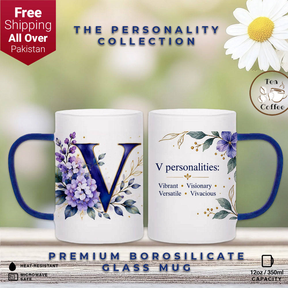 Custom Letter V Floral Initial Frosted Glass Mug with Gift Box