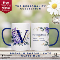Custom Letter V Floral Initial Frosted Glass Mug with Gift Box