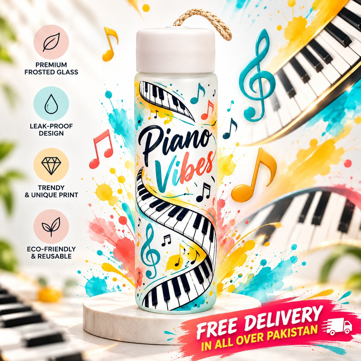 Customized Piano Vibes Frosted Glass Water Bottle