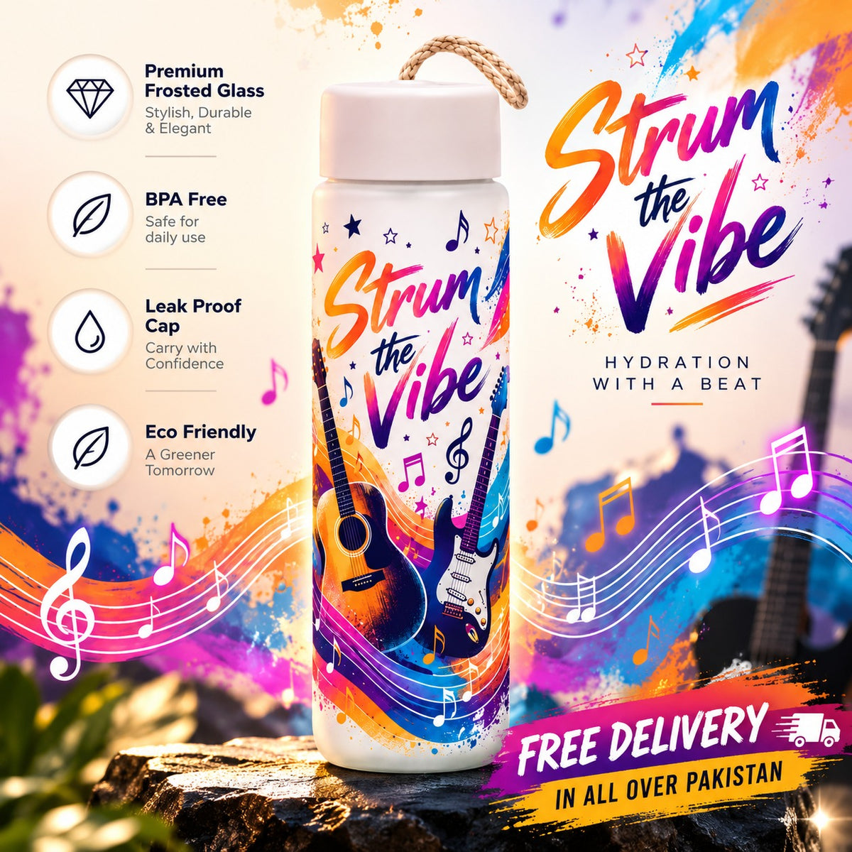 Customized Strum the Vibe Frosted Glass Water Bottle