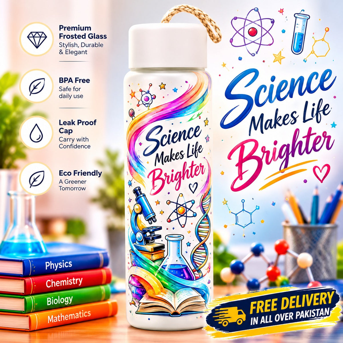 Customized Science Makes Life Brighter Frosted Glass Water Bottle