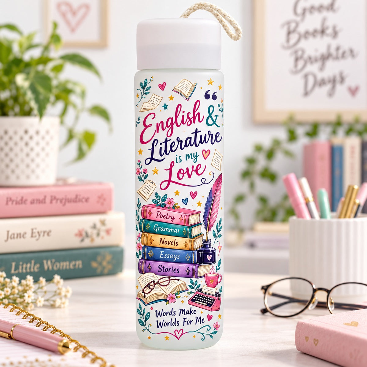 Customized English & Literature Is My Love Frosted Glass Water Bottle