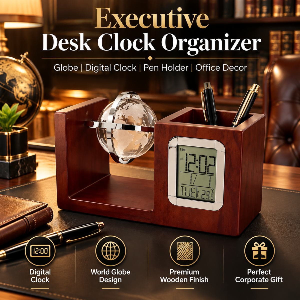 EX-10062C-Globe + Lcd table clock + pen holder