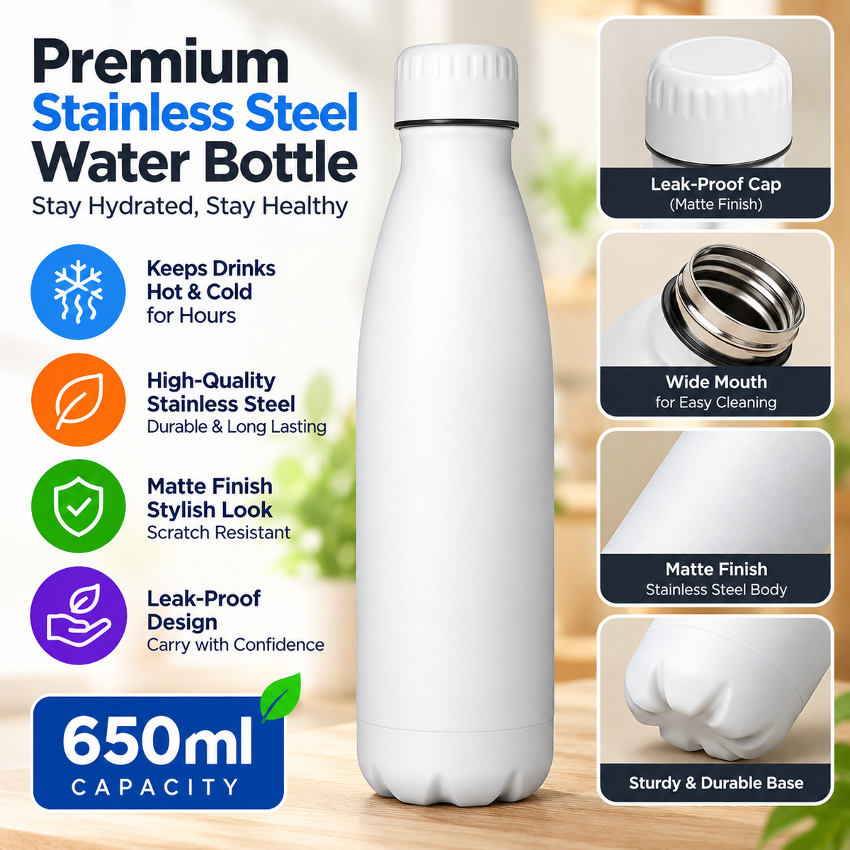 White Stainless Steel Water Bottle YF-817