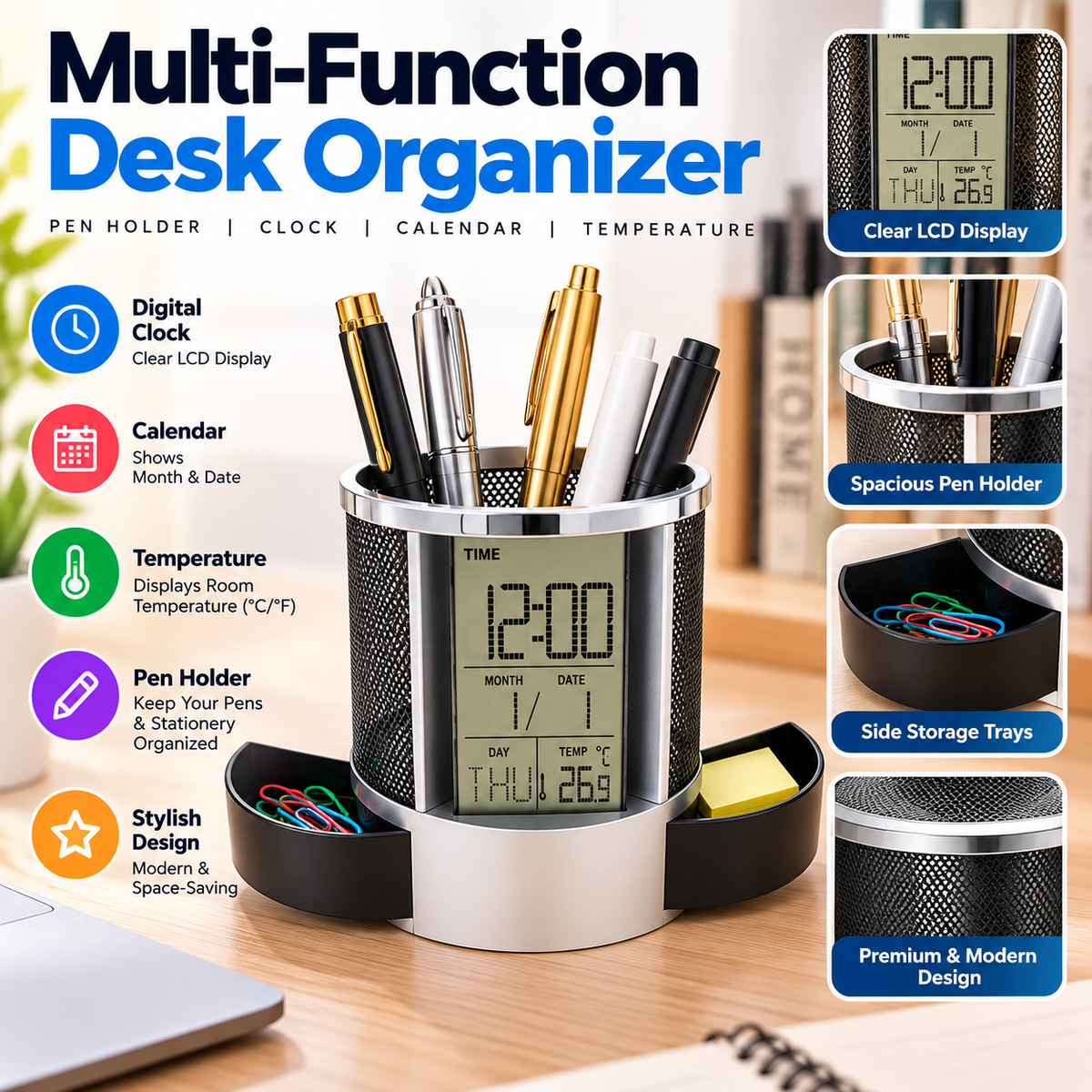 1891-LCD Table Clock + Pen Holder