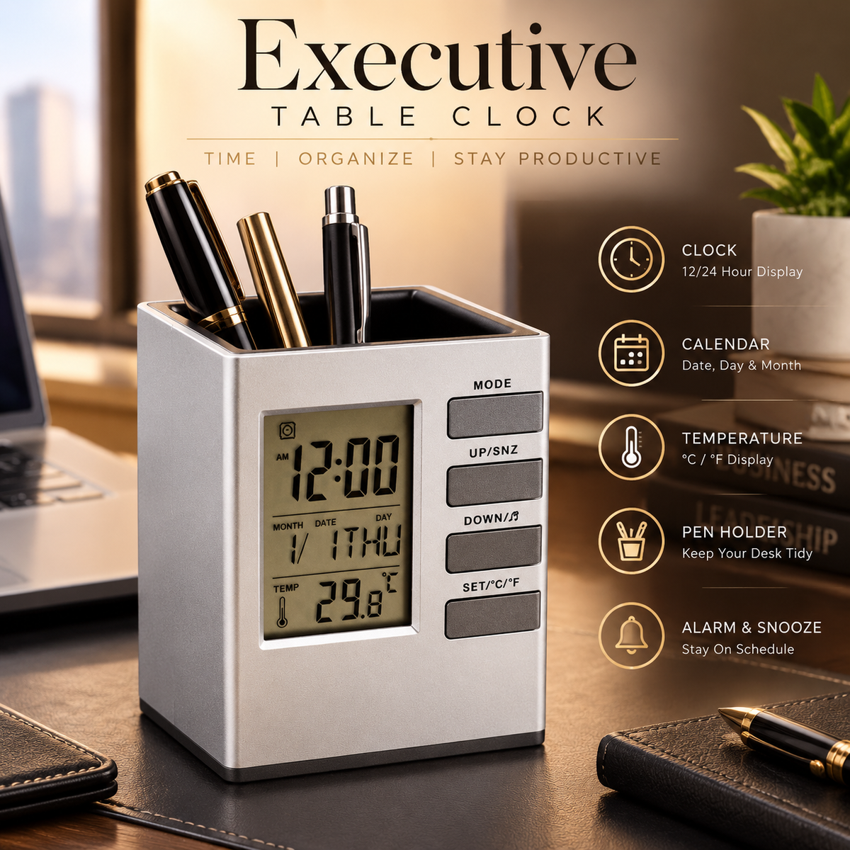 2068- Digital Table Clock with Pen Holder