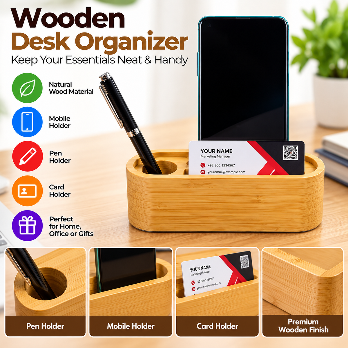Wooden Phone Holder + Card Holder + Pen Holder
