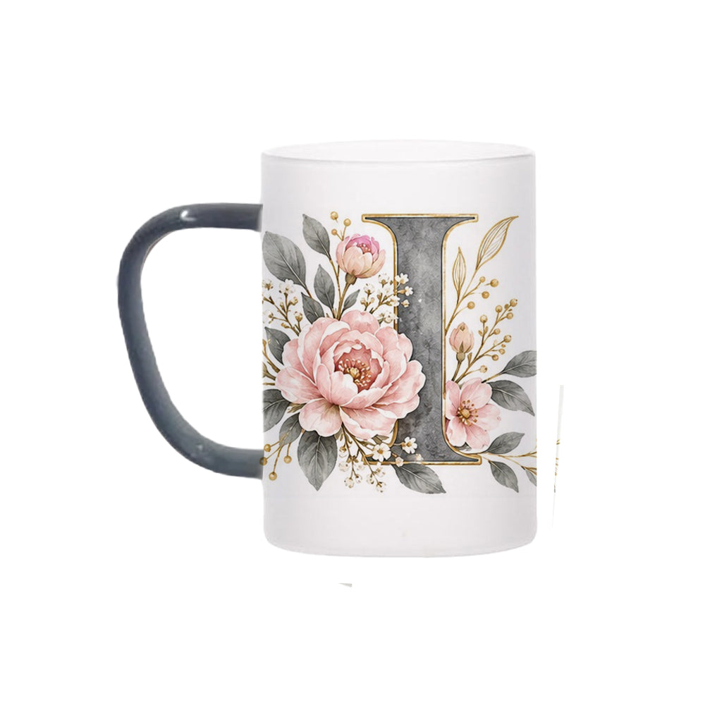 Custom Letter I Floral Initial Frosted Glass Mug with Gift Box