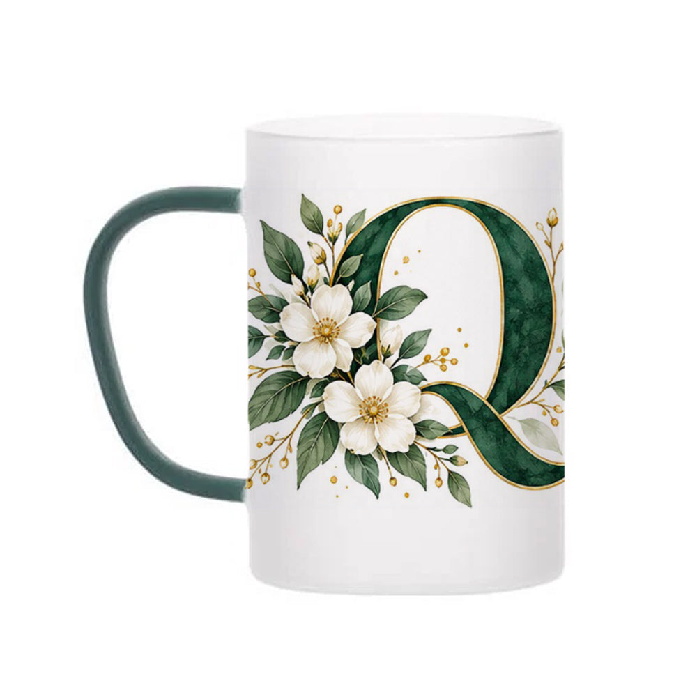 Custom Letter Q Floral Initial Frosted Glass Mug with Gift Box