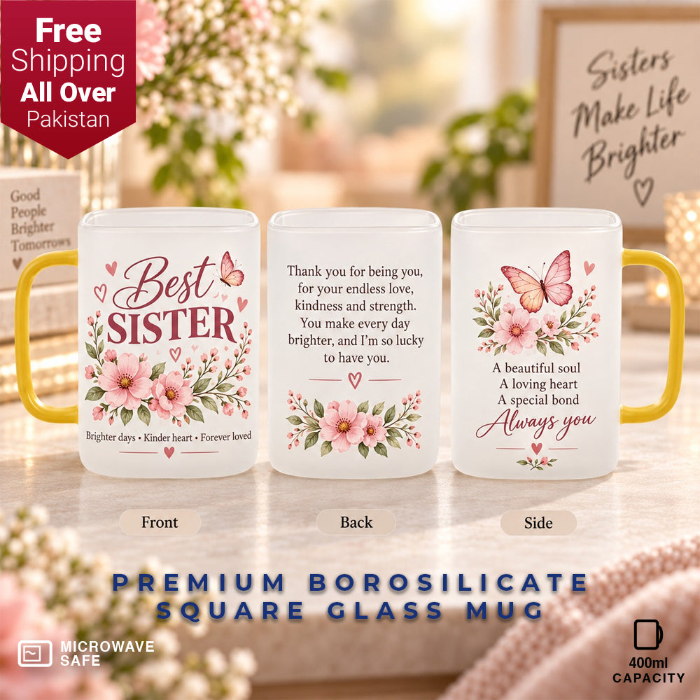 Best Sister Premium Borosilicate Square Glass Mug - 400ml