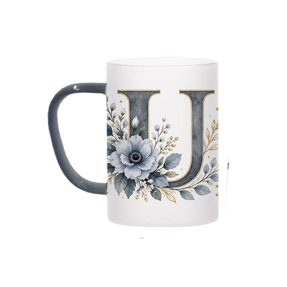Custom Letter U Floral Initial Frosted Glass Mug with Gift Box