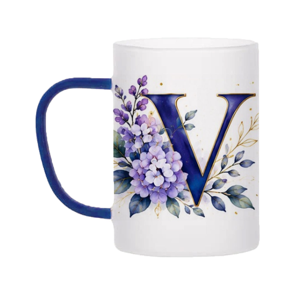 Custom Letter V Floral Initial Frosted Glass Mug with Gift Box