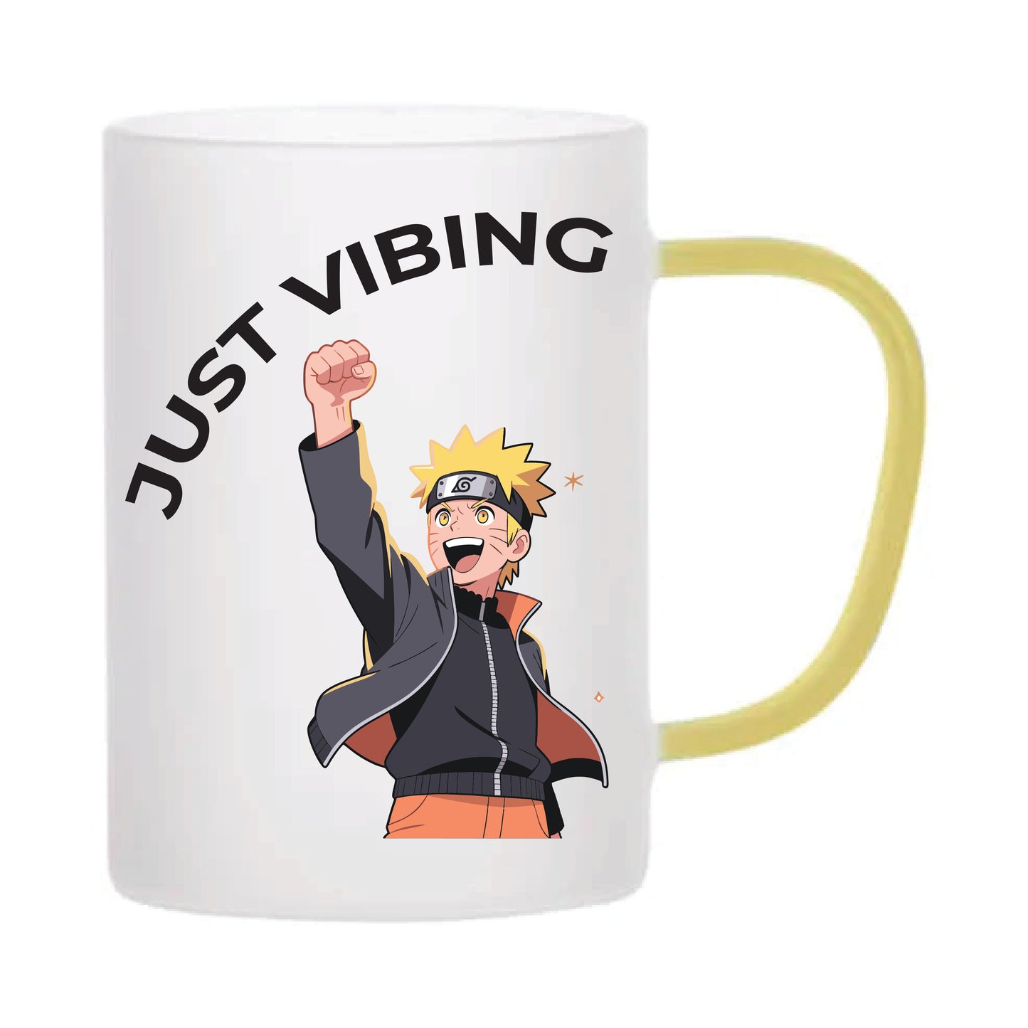 Albizco Naruto "Just Vibing / Good Vibes Only" Printed Frosted Glass Mug with Yellow Handle (330 ml / 11 oz) – Anime Coffee Cup for Naruto Shippuden Fans, Gamers & Office Desk